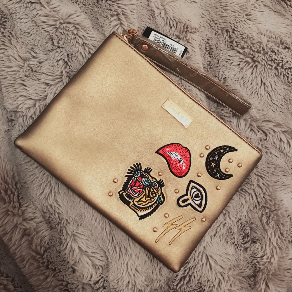 Bebe Gold embellished Wristlet Clutch Purse
